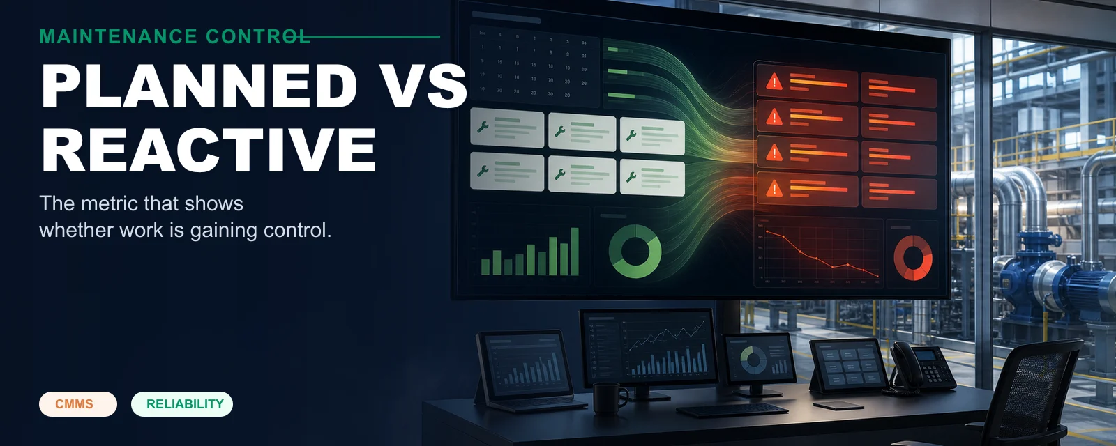 Maintenance dashboard comparing reactive emergency work and planned maintenance work