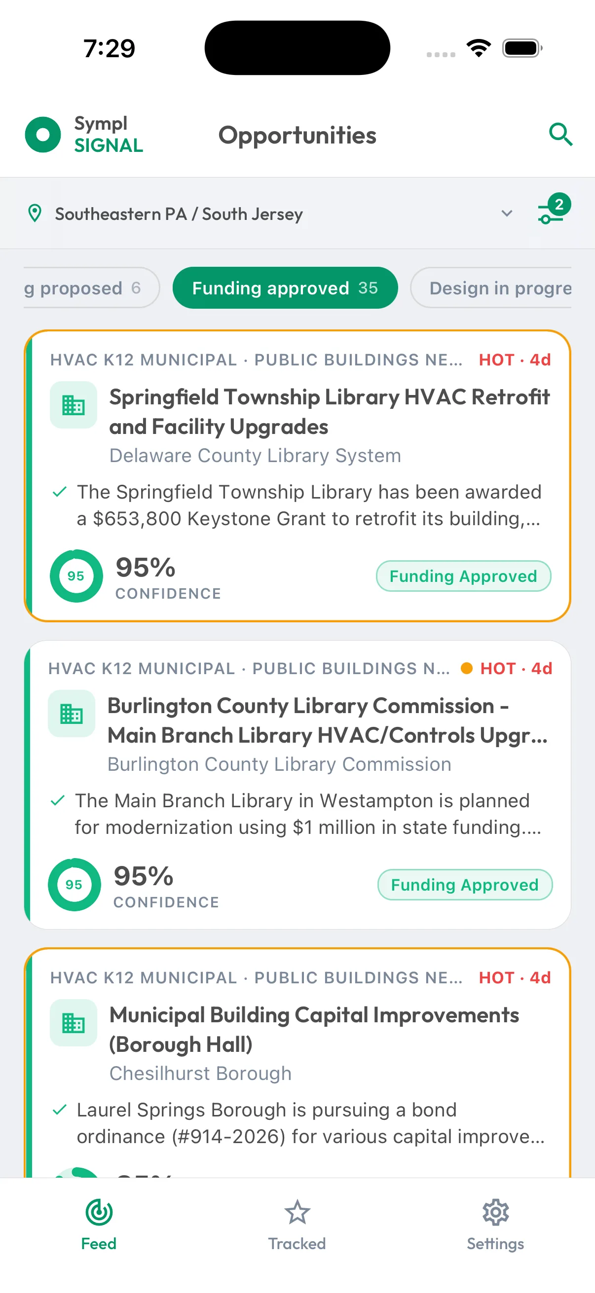 Sympl · Signal mobile — the Opportunities feed, stage-classified public projects with confidence scores