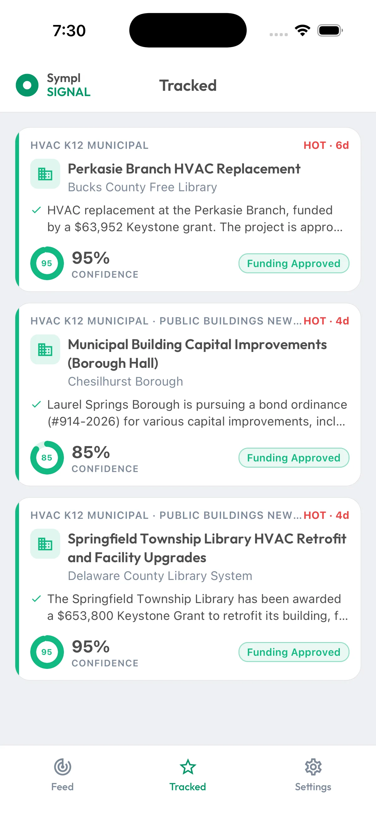 Sympl · Signal mobile — the Tracked list of pursued opportunities