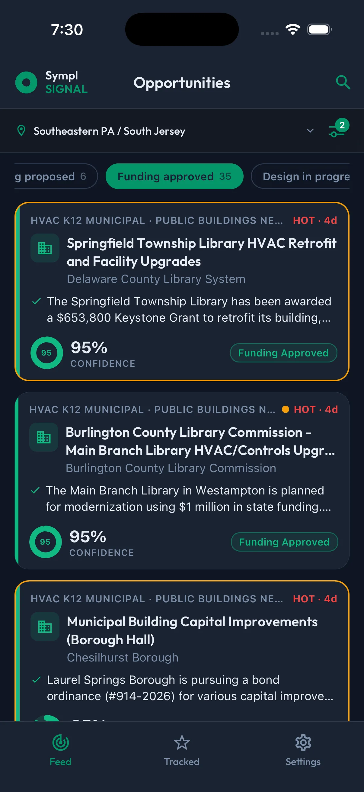 Sympl · Signal mobile in dark mode — the Opportunities feed