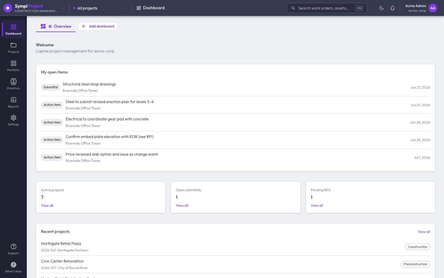 Sympl · Project dashboard — open submittals, action items, and active projects