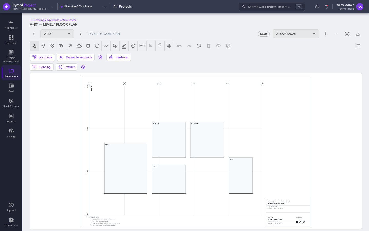 Sympl · Project drawing viewer — sheet A-101 Level 1 Floor Plan with full markup tools and the AI toolbar open