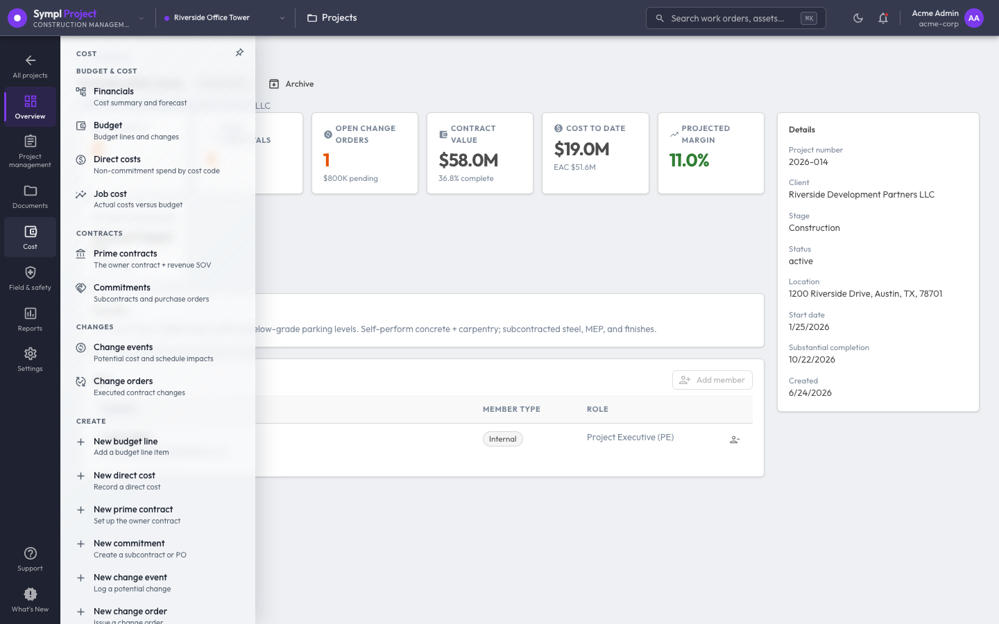 Sympl · Project sidebar flyout for Cost — Financials, Budget, Direct costs, Job cost, Prime contracts, Commitments, and Change events / orders