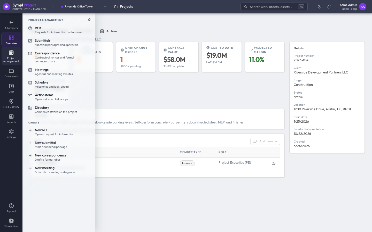 Sympl · Project sidebar flyout for Project Management — RFIs, Submittals, Correspondence, Meetings, Schedule, Action items, and Directory