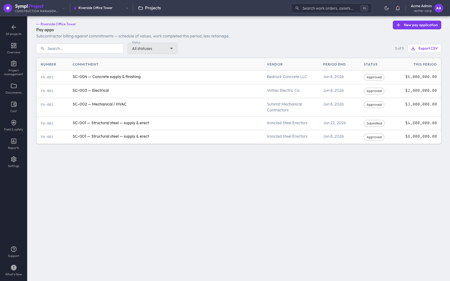 Sympl · Project pay applications — G702/G703-style billing against commitments