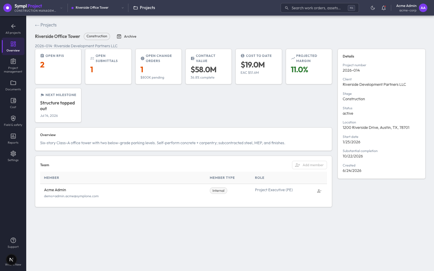 Sympl · Project overview for the Riverside Office Tower — RFI, submittal, change-order, and margin KPIs, milestone, narrative, and the project details panel