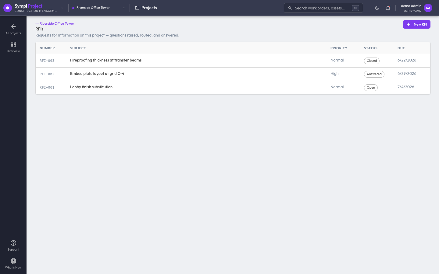 Sympl · Project RFI log — open, answered, and closed RFIs with drawing references and routed status