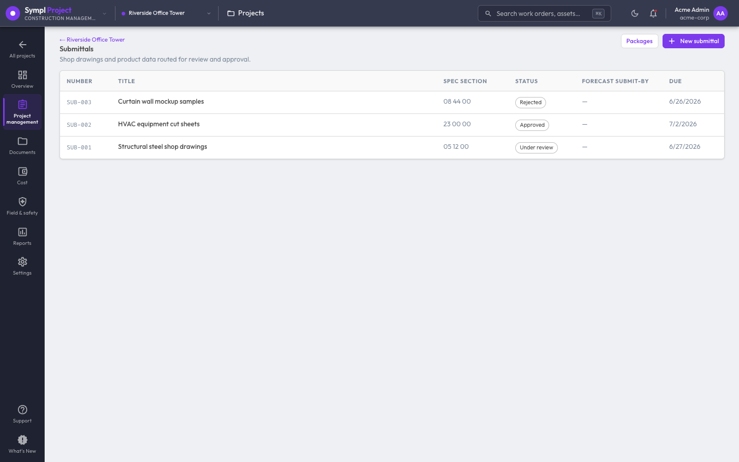 Sympl · Project submittal log — spec-linked submittals with ball-in-court routing and approval status