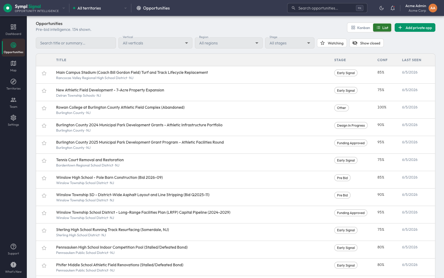 Sympl · Signal opportunities list — confidence-scored, filterable pre-bid pipeline by vertical, region, and stage