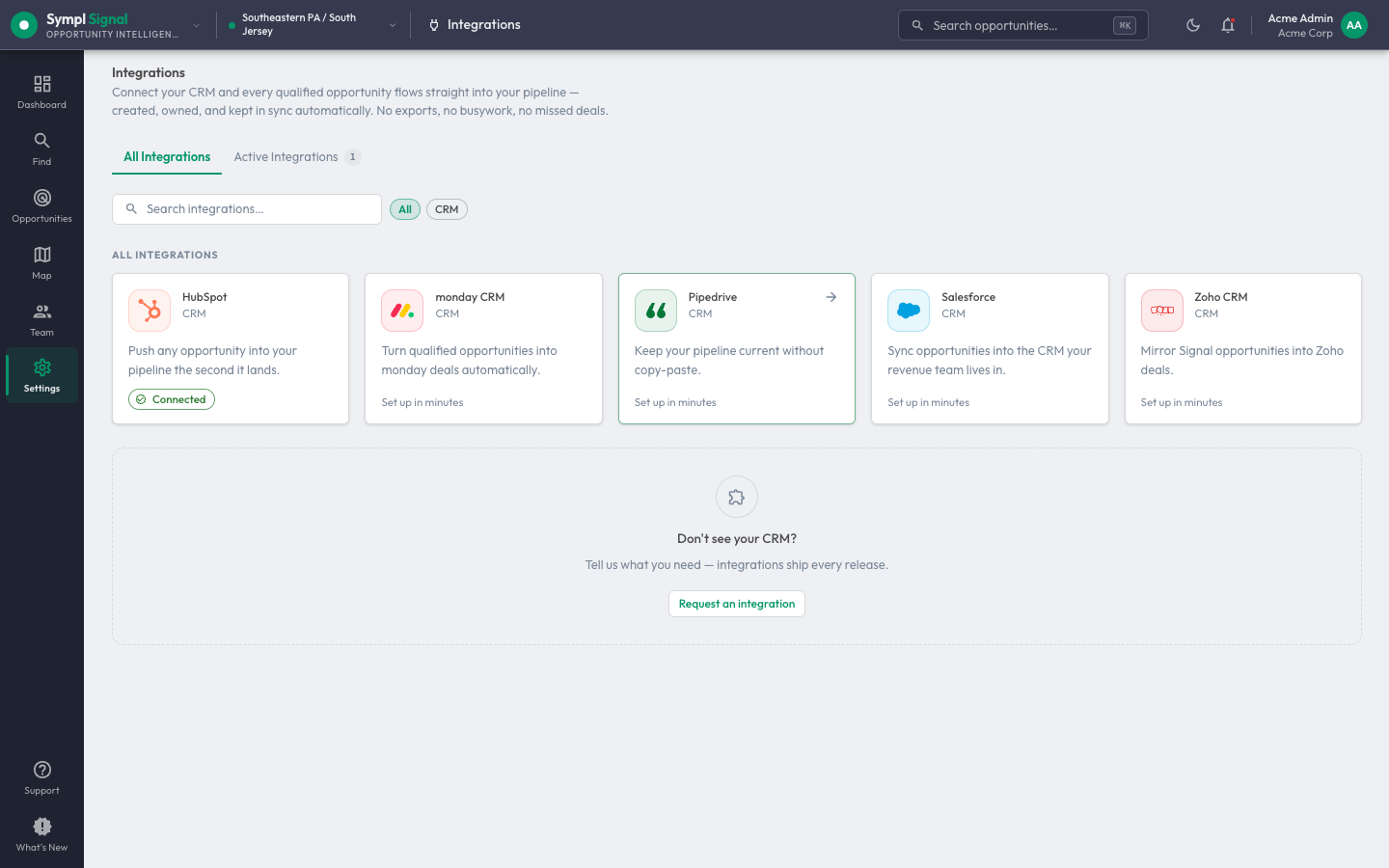 The Sympl · Signal integrations marketplace — HubSpot, monday, Pipedrive, Salesforce, and Zoho CRM connectors