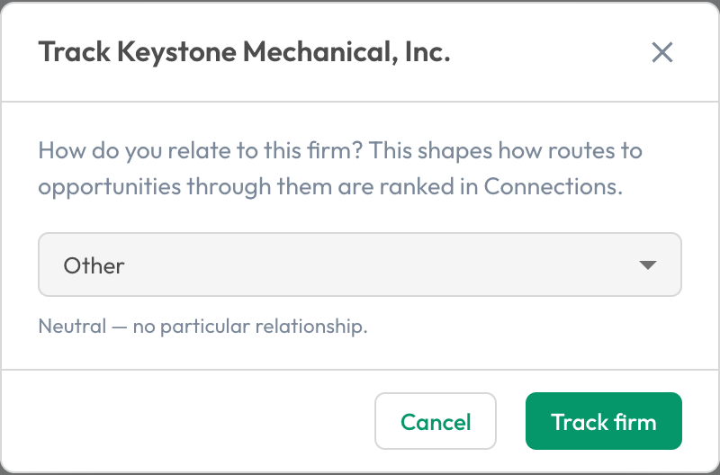 Following a firm in Sympl · Signal and setting the relationship type that ranks introduction routes